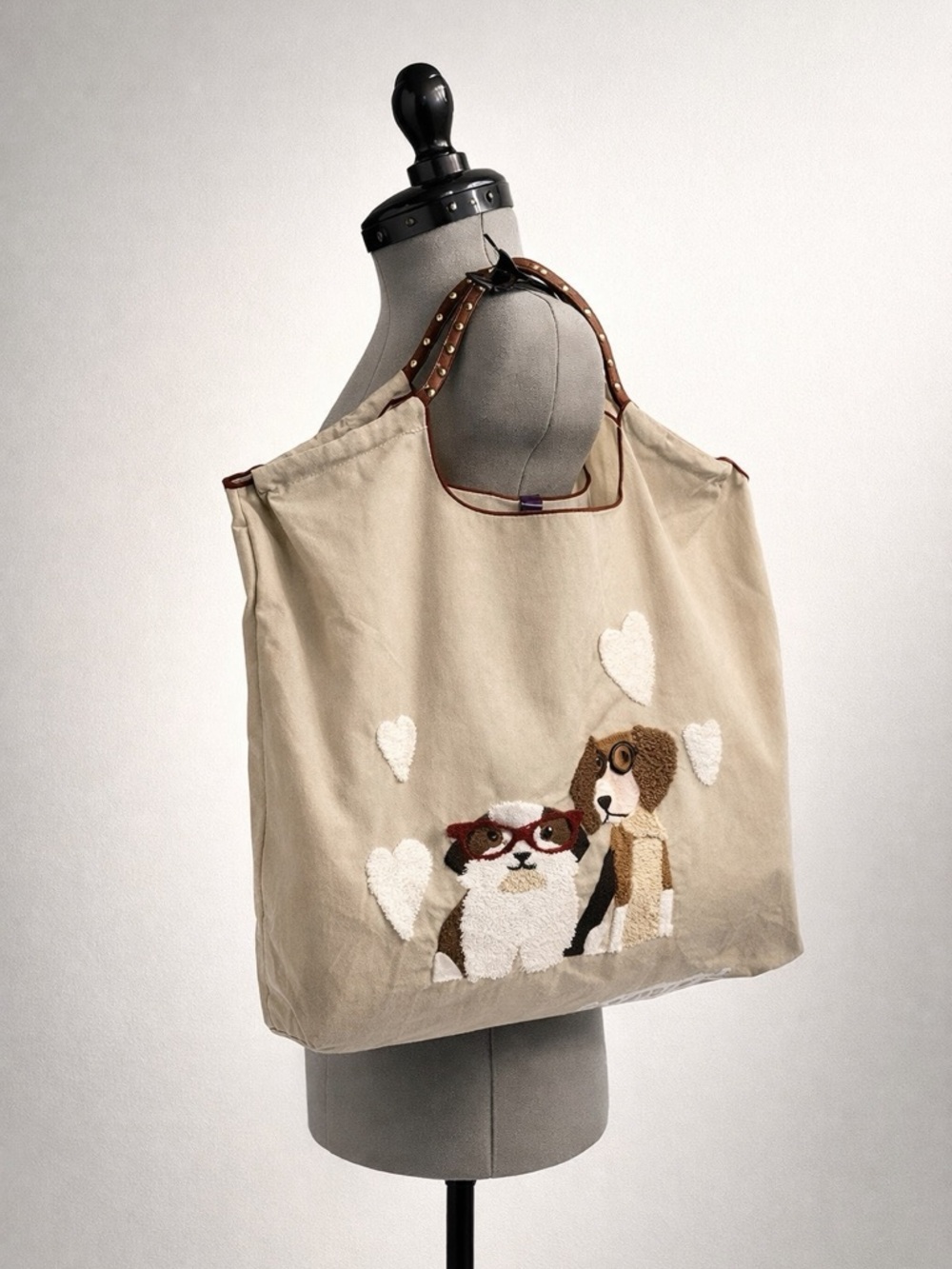 Mztkin nylon tote, cord handles, embroidered dogs in glasses, M, beige, like new - Picture 2 of 12